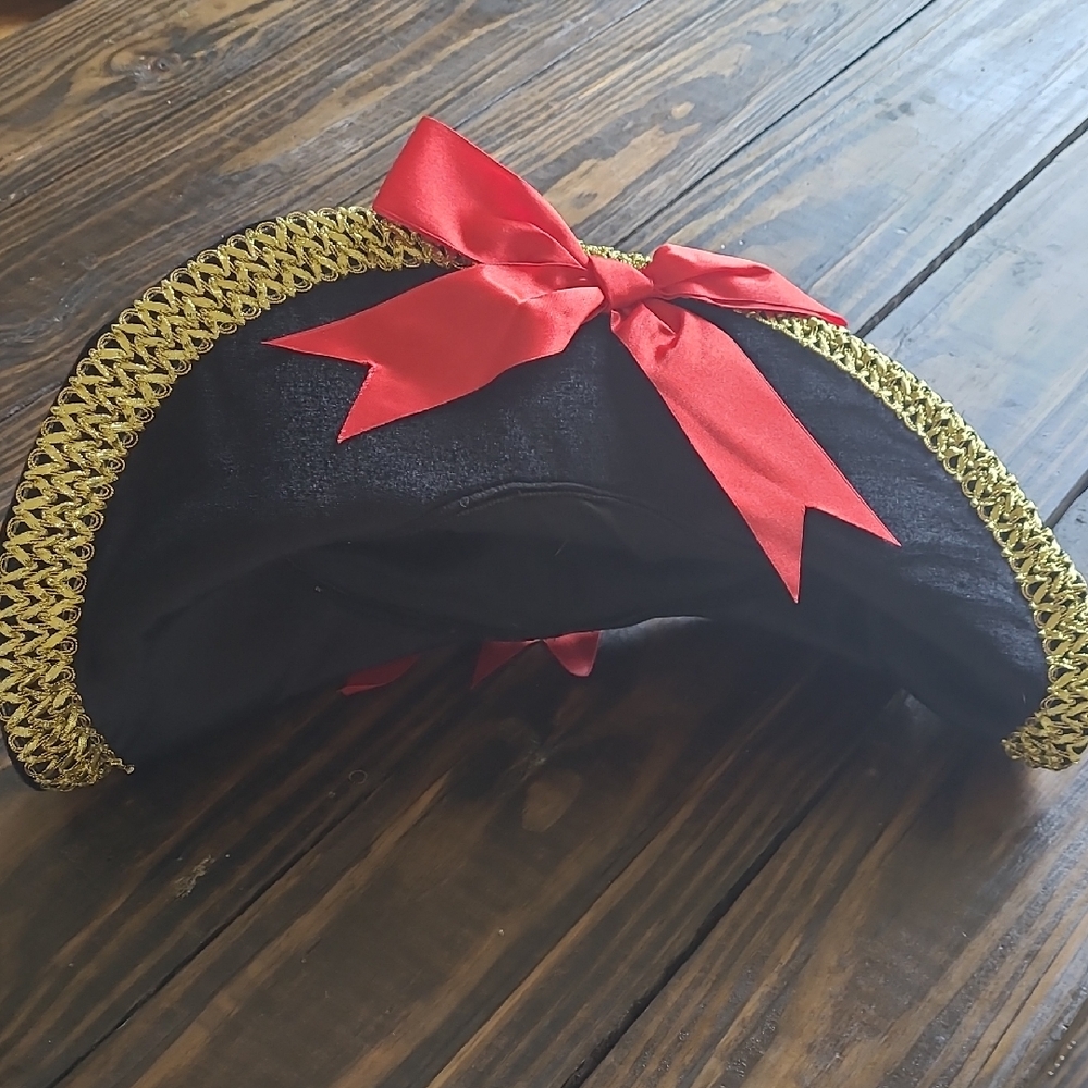 Black Pirate Hat with Red Bow and Gold Trim
